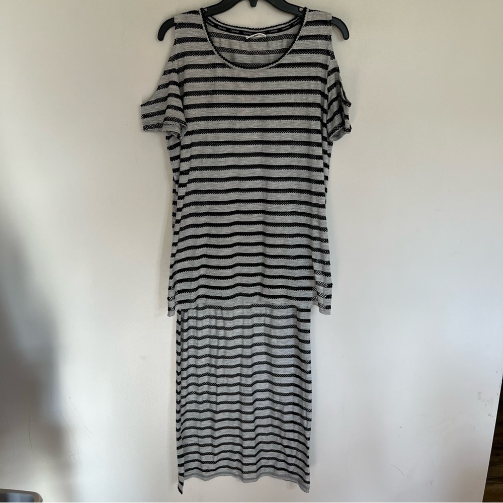 Calvin Klein Swimwear Grey Black Striped Cold Shoulder Maxi Dress Cover Up L/XL